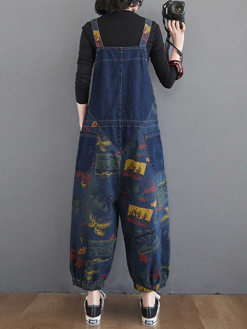 Denim Printed Nine-Point Pants High Waist Overalls Dungaree - Image 3
