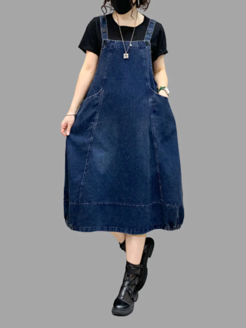 Denim Mid-Length Over-The-Knee Casual Salopette Dress - Image 3