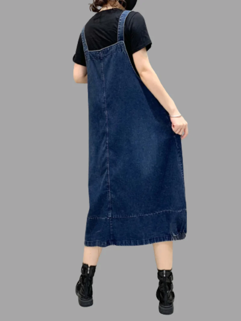 Denim Mid-Length Over-The-Knee Casual Salopette Dress - Image 4