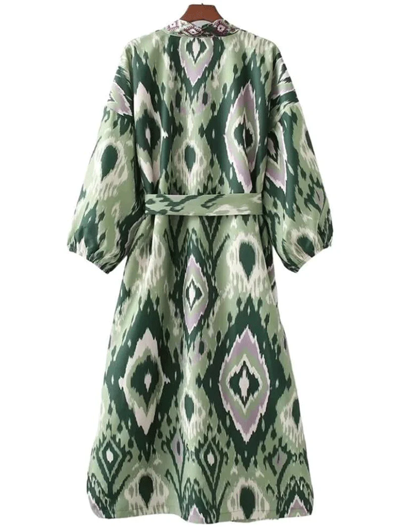 Printed Green Color Polyester Long Length Gown Kimono Duster Robe - Image 2