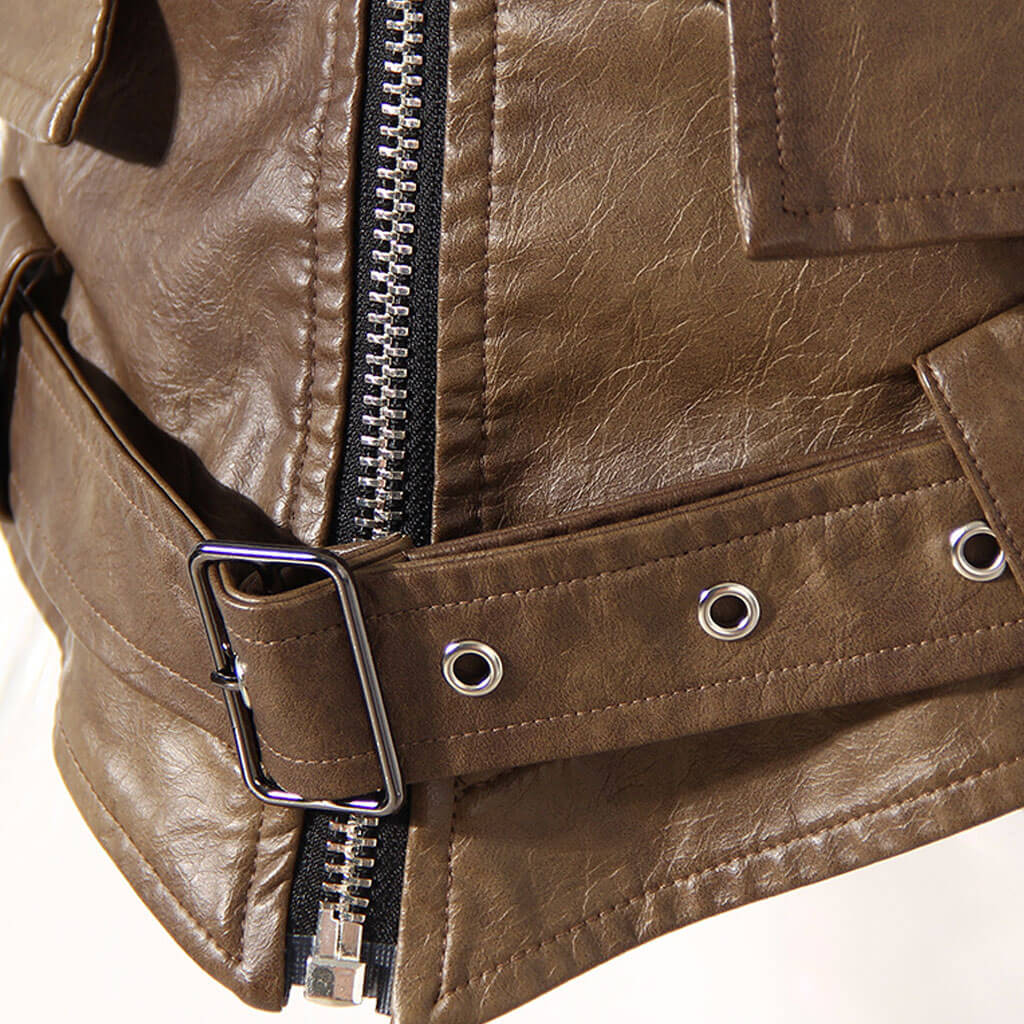 Detachable Puff Sleeve Folded Collar Belted Vegan Leather Cropped Jacket - Image 5