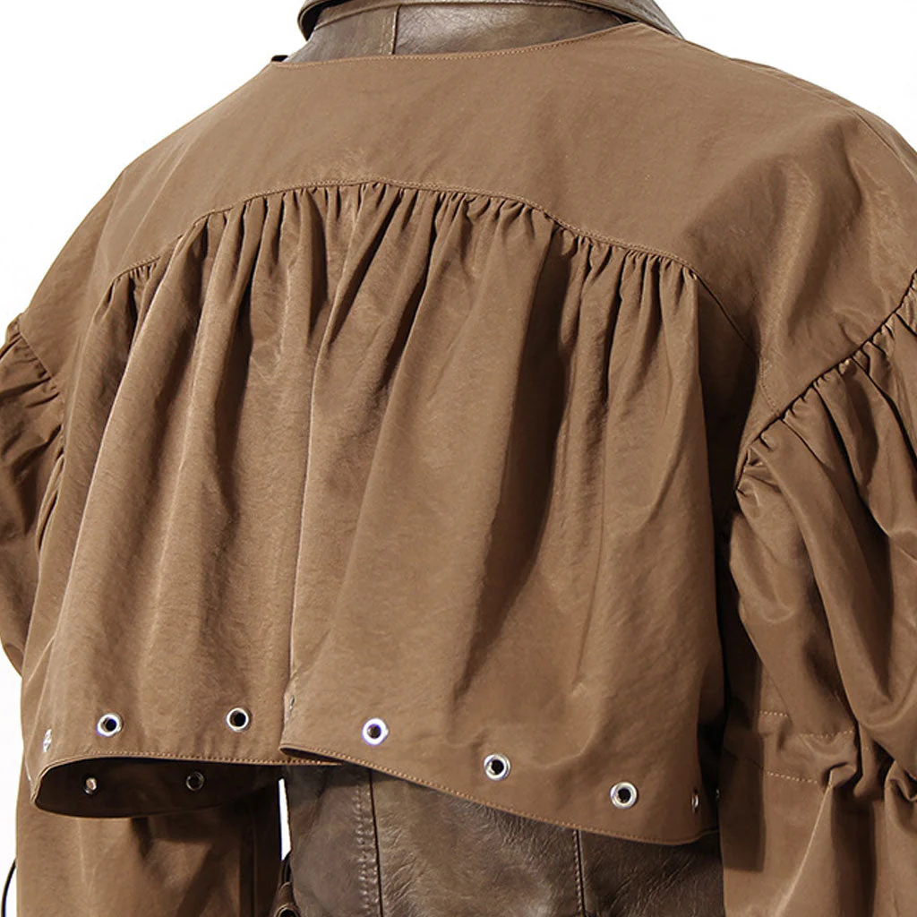 Detachable Puff Sleeve Folded Collar Belted Vegan Leather Cropped Jacket - Image 6
