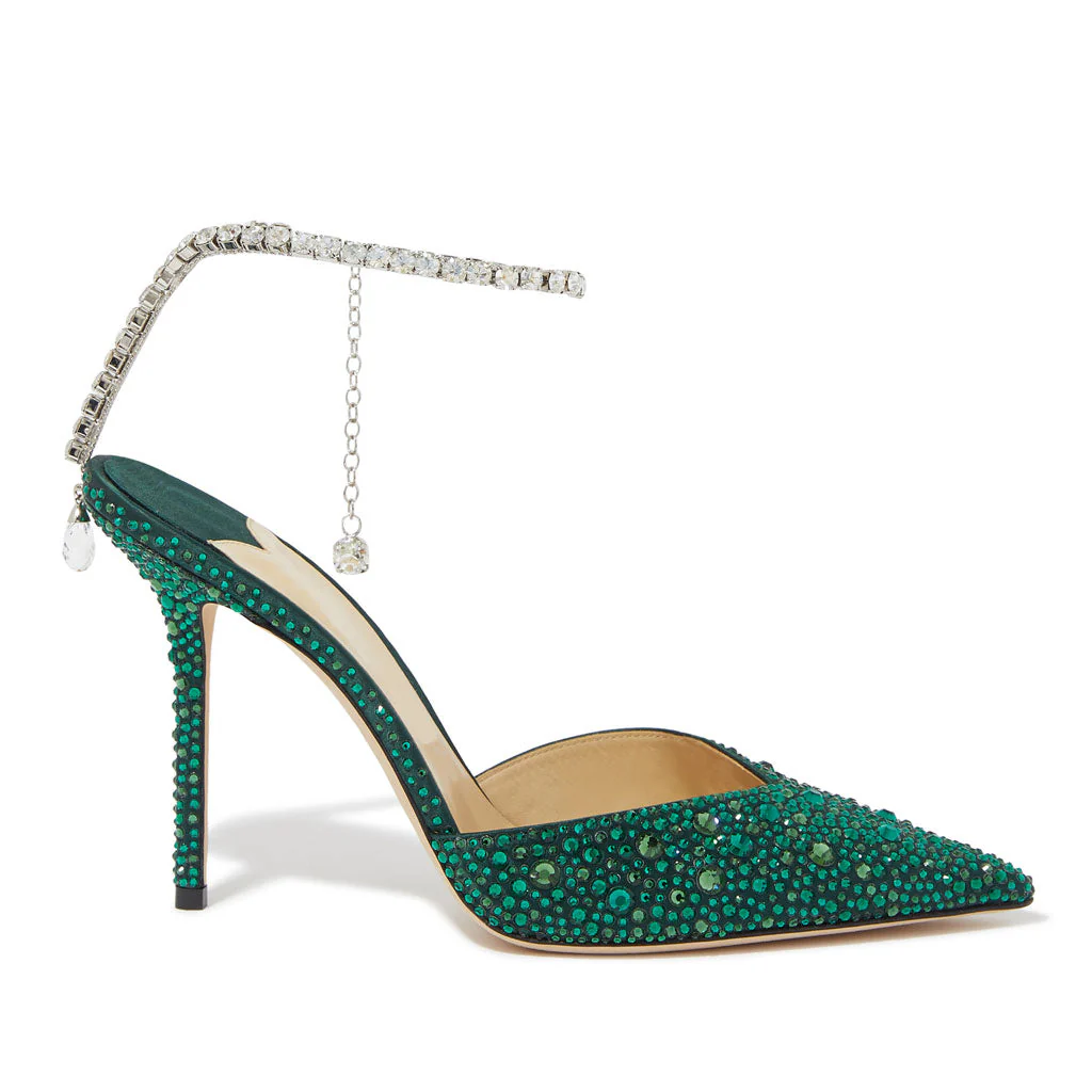 Diamante Ankle Strap Pointed Toe High Heel Pumps - Emerald Green - Image 2