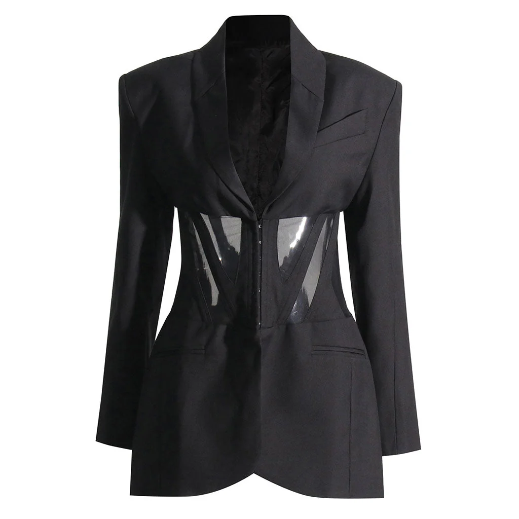 Distinct Lapel Hook and Eye Sheer Mesh Corset Shoulder Pad Long Sleeve Tailored Blazer - Image 3