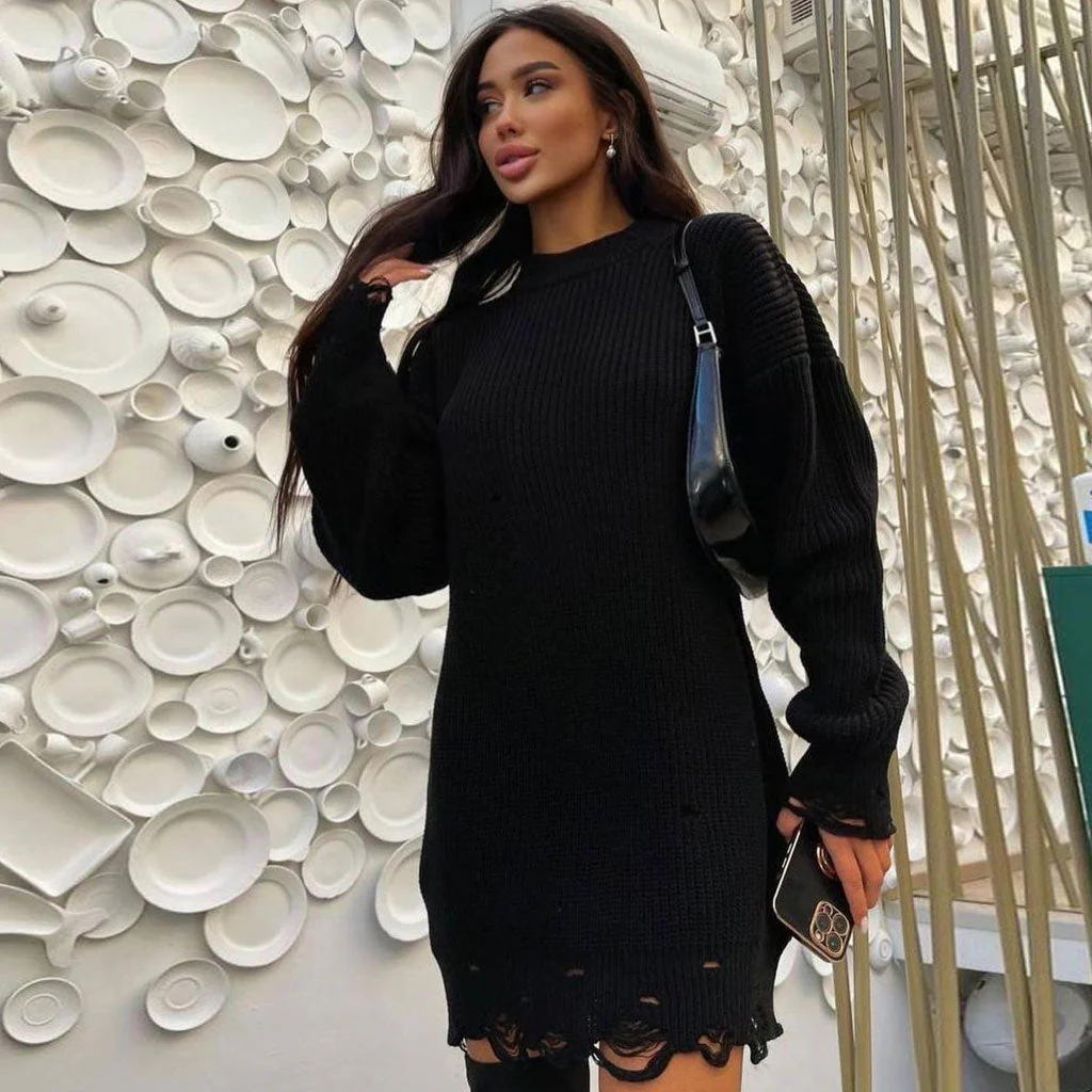 Distressed Trim Oversized Pullover Sweater Mini Dress - Black