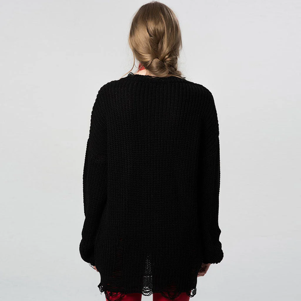 Distressed Trim Oversized Pullover Sweater Mini Dress - Black - Image 3