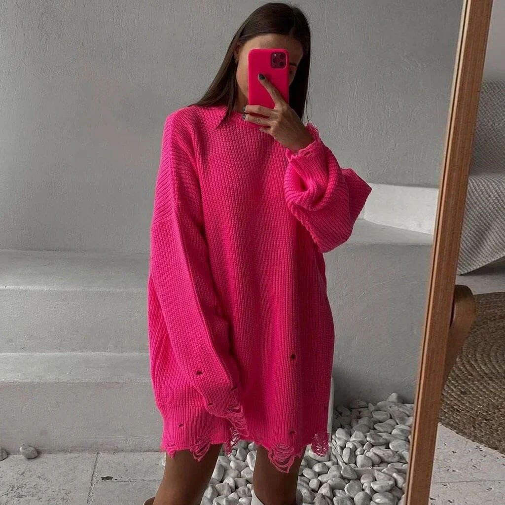 Distressed Trim Oversized Pullover Sweater Mini Dress - Rose - Image 3