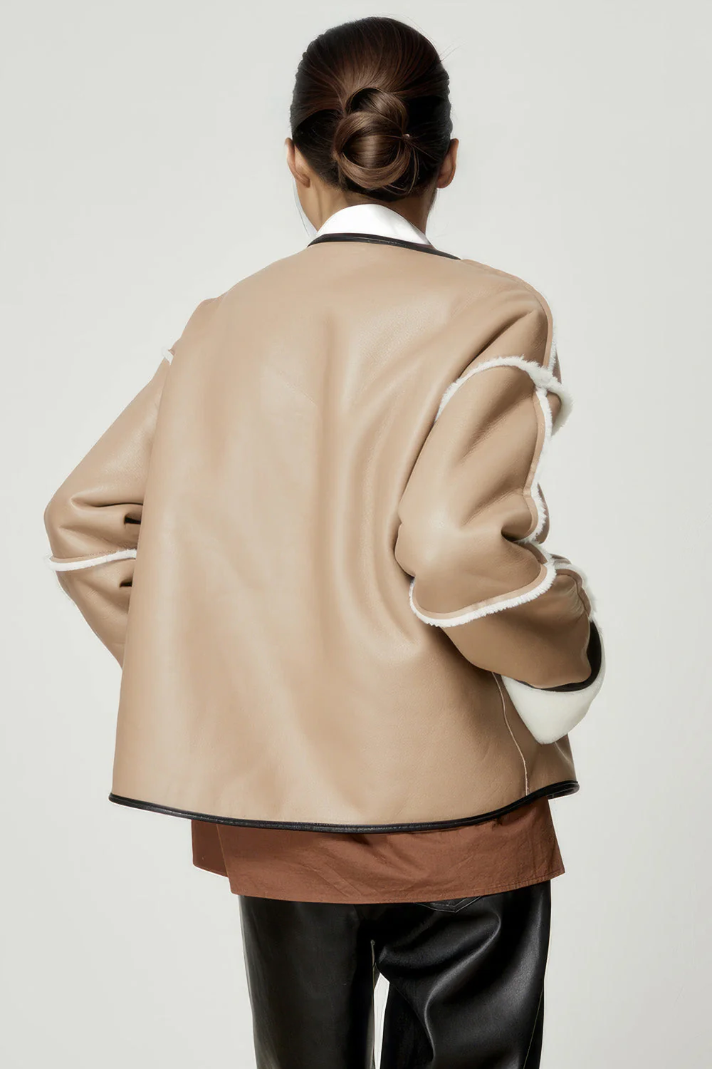 Double Breasted Faux Shearling Jacket - Brown - Image 2