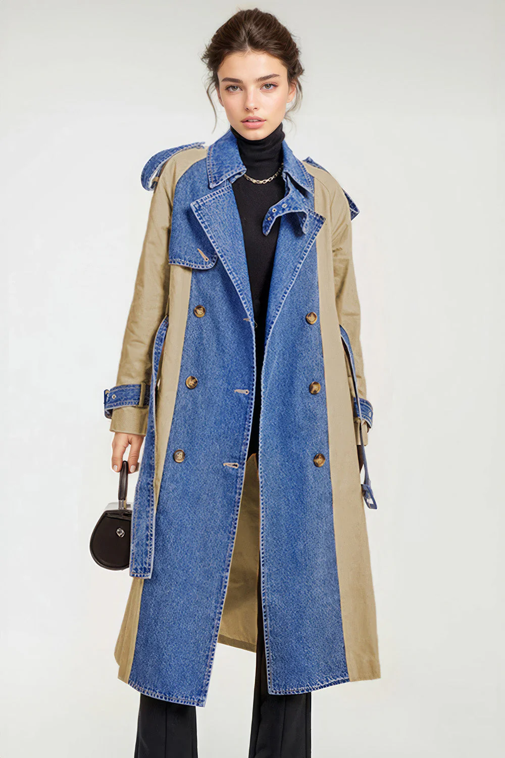 Double Breasted Trenchcoat with Denim Inserts - Brown - Image 3