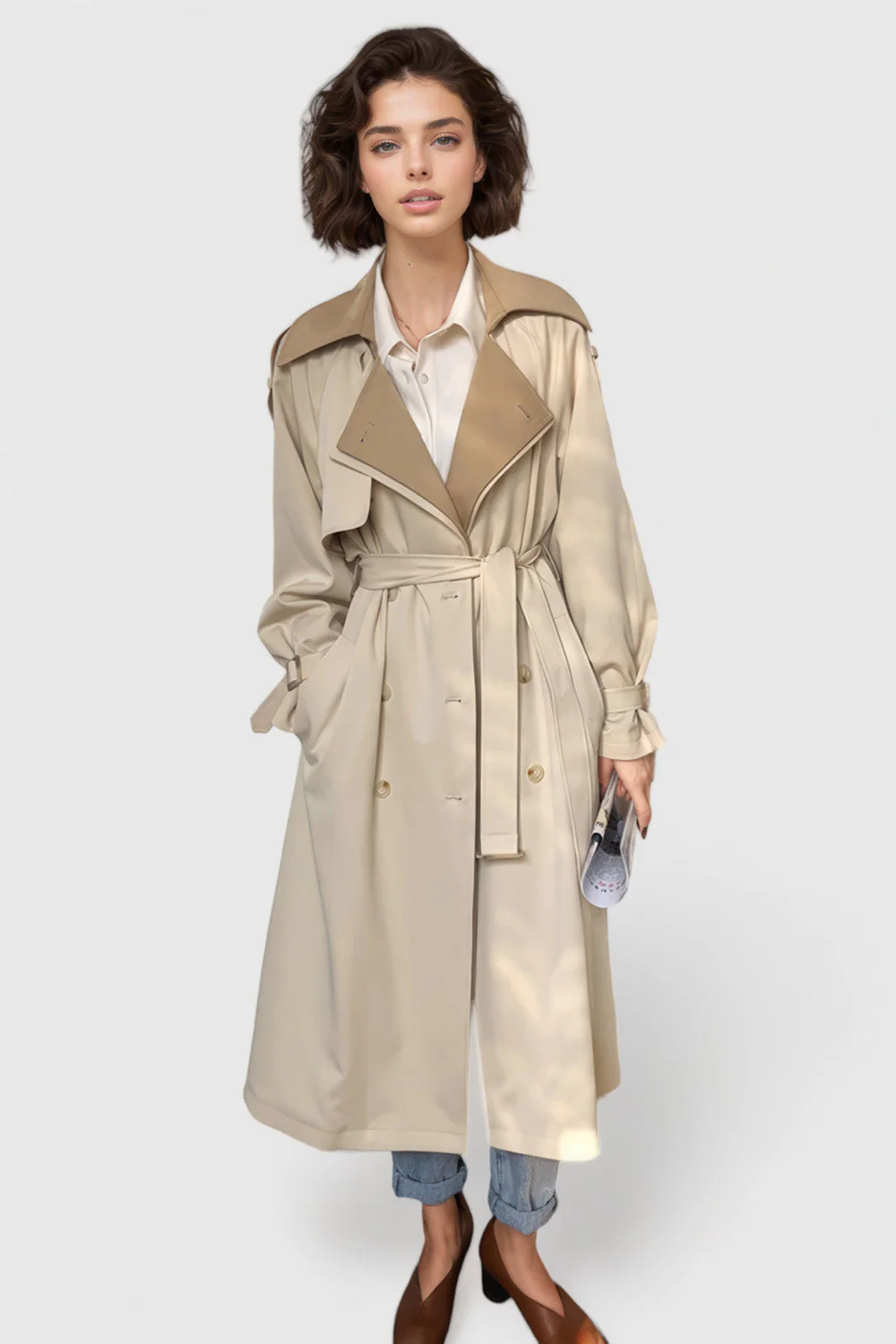Double Layered Long Trenchcoat - Light Brown - Image 5