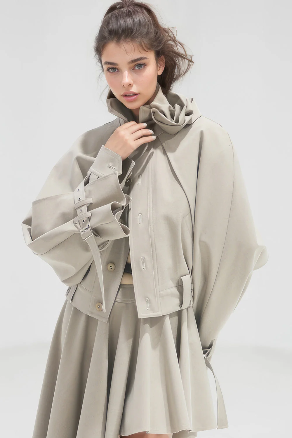 Double Layered Short Jacket with Belt - Khaki - Image 2