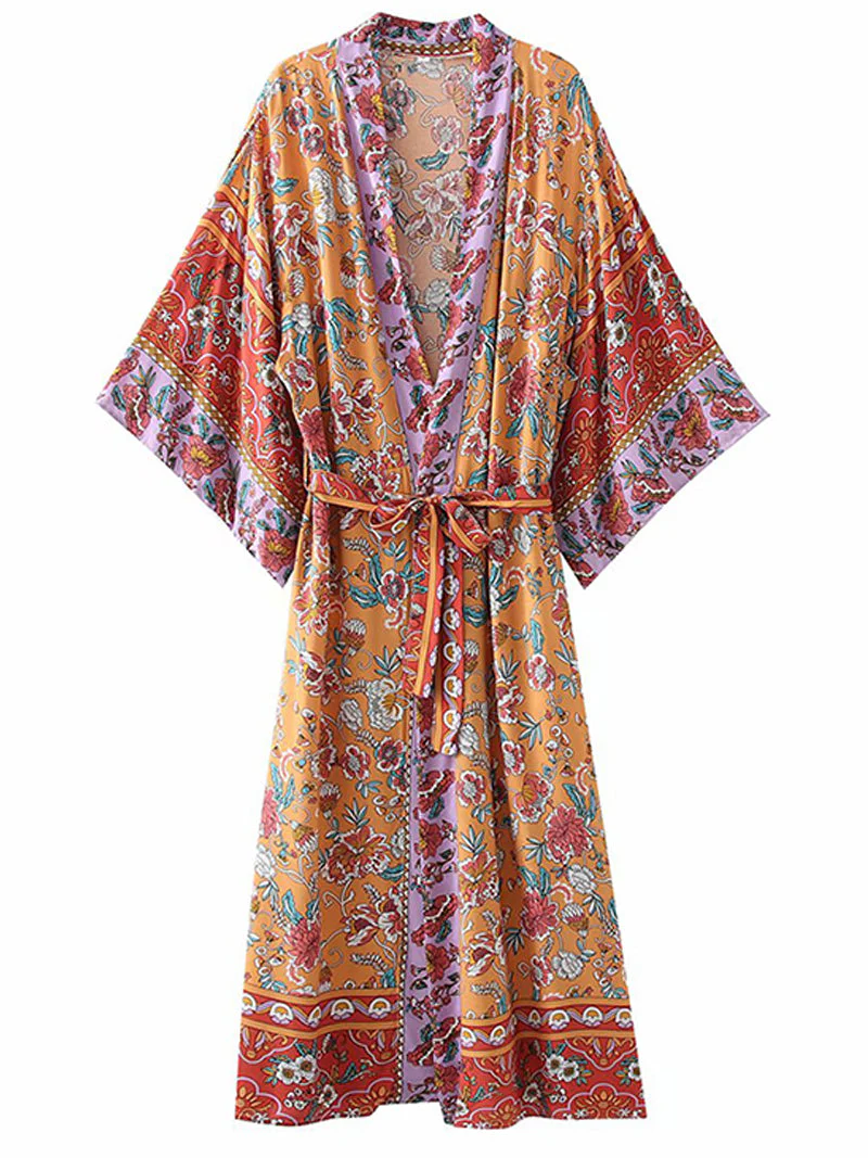 Plant Flowers Print Orange Color Cotton Long Length Gown Kimono Duster Robe