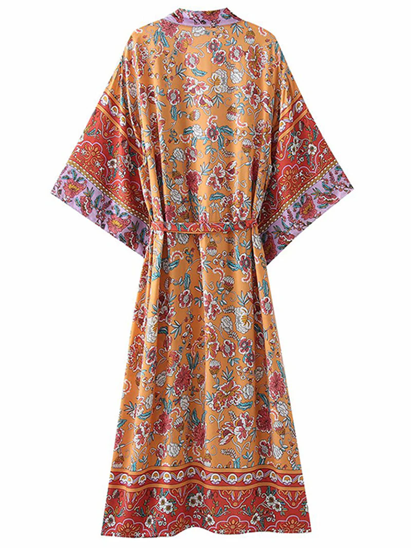 Plant Flowers Print Orange Color Cotton Long Length Gown Kimono Duster Robe - Image 2
