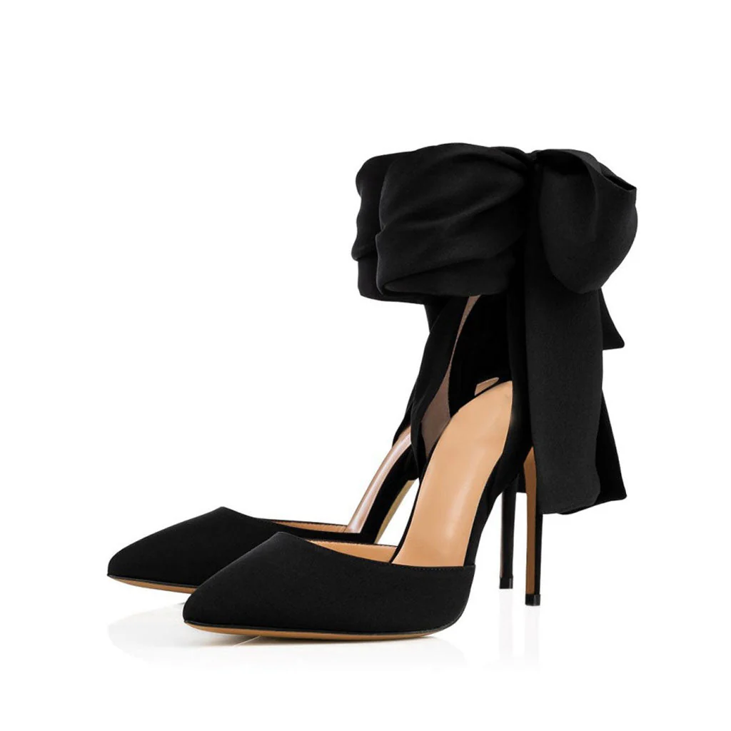 Dramatic Ankle Bow Tie Pointed Toe Stiletto Satin Pumps - Black - Image 2