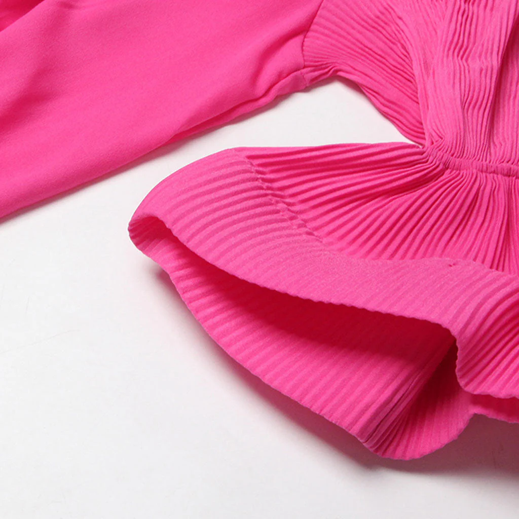 Dramatic Puff Sleeve V Neck Tie Front Pleated Chiffon Peplum Blouse - Image 6