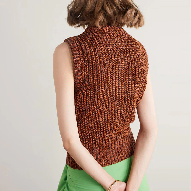 Draping Metallic Chain Distressed Front Marled Brioche Rib Knit Vest - Brown - Image 2