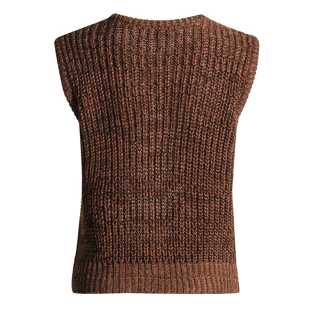 Draping Metallic Chain Distressed Front Marled Brioche Rib Knit Vest - Brown - Image 5