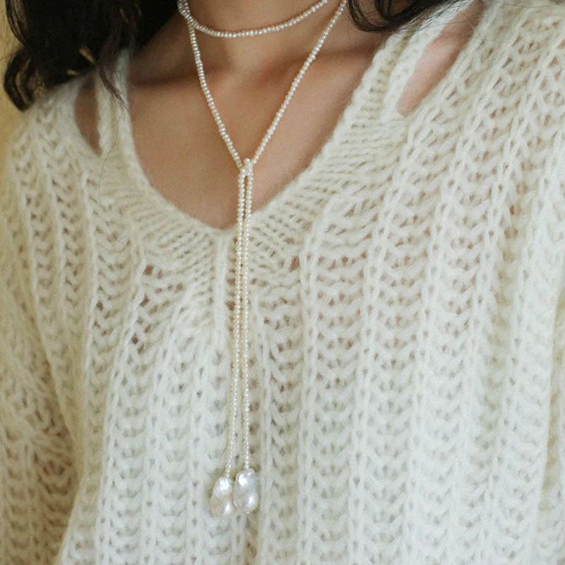Easy To Match Baroque Double Pendant Freshwater Pearl Opera NeckLace - Image 2