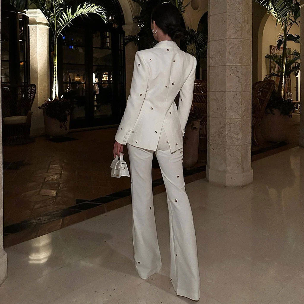 Edge Metallic Detail Peak Lapel Single Breasted Bootcut Blazer Matching Set - Image 7