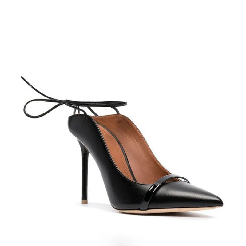 Edgy Backless Ankle Tie Faux Leather Pointed Toe Stiletto Pumps - Black - Image 4