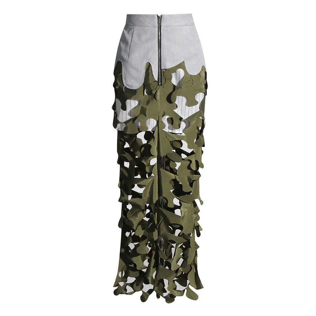 Edgy Contrast Patchwork Lacer Graphic Cut Out Zipper Up High Waist Maxi Skirt - Image 2