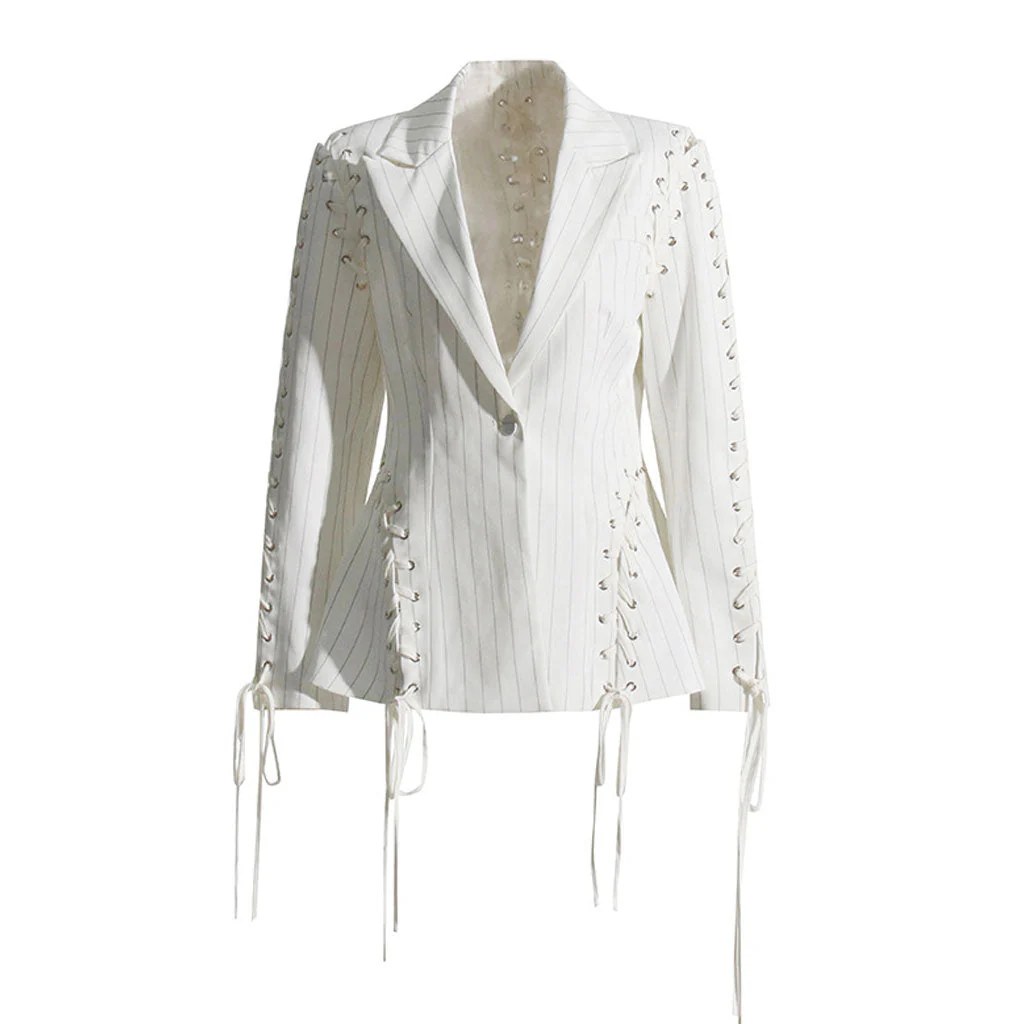 Edgy Lace Up Striped Print Lapel Collar Single Breasted Tailored Blazer - Image 2