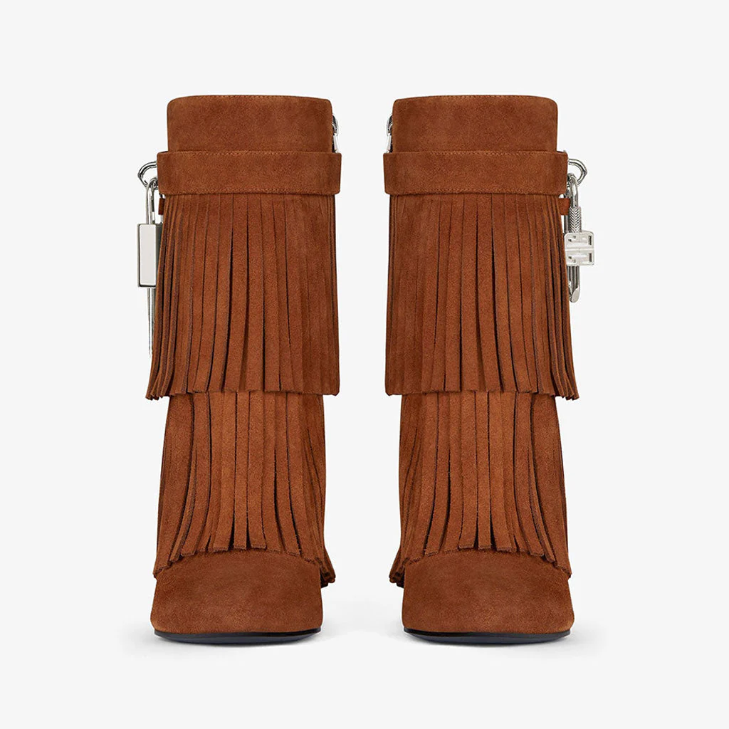 Edgy Metal Lock Layer Fringe Suede Wedge Heel Ankle Boots - Brown - Image 2