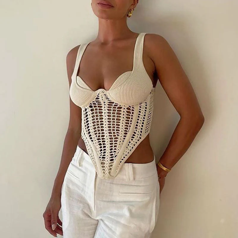 Edgy Sweetheart Neck Suspender Strap Crochet Knit Corset Crop Top - Image 4