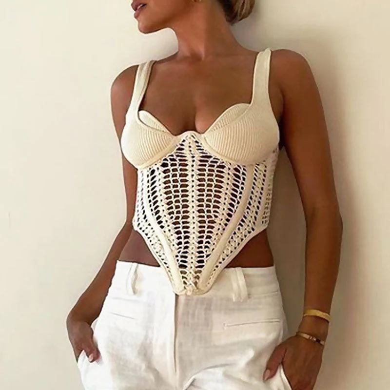 Edgy Sweetheart Neck Suspender Strap Crochet Knit Corset Crop Top - Image 5