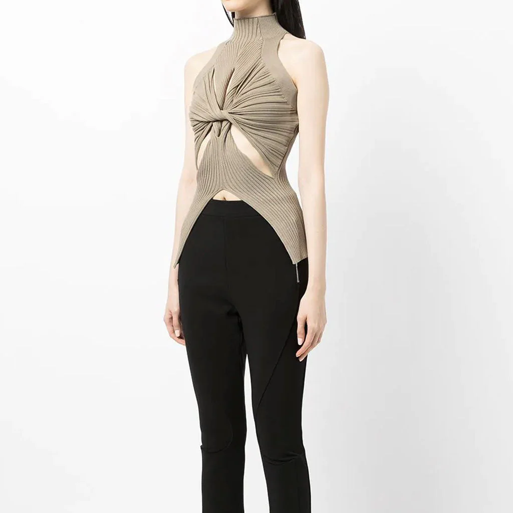 Edgy Twisted CutOut Front High Neck Racer Back Ribbed Knit Tank Top - Khaki - Image 2