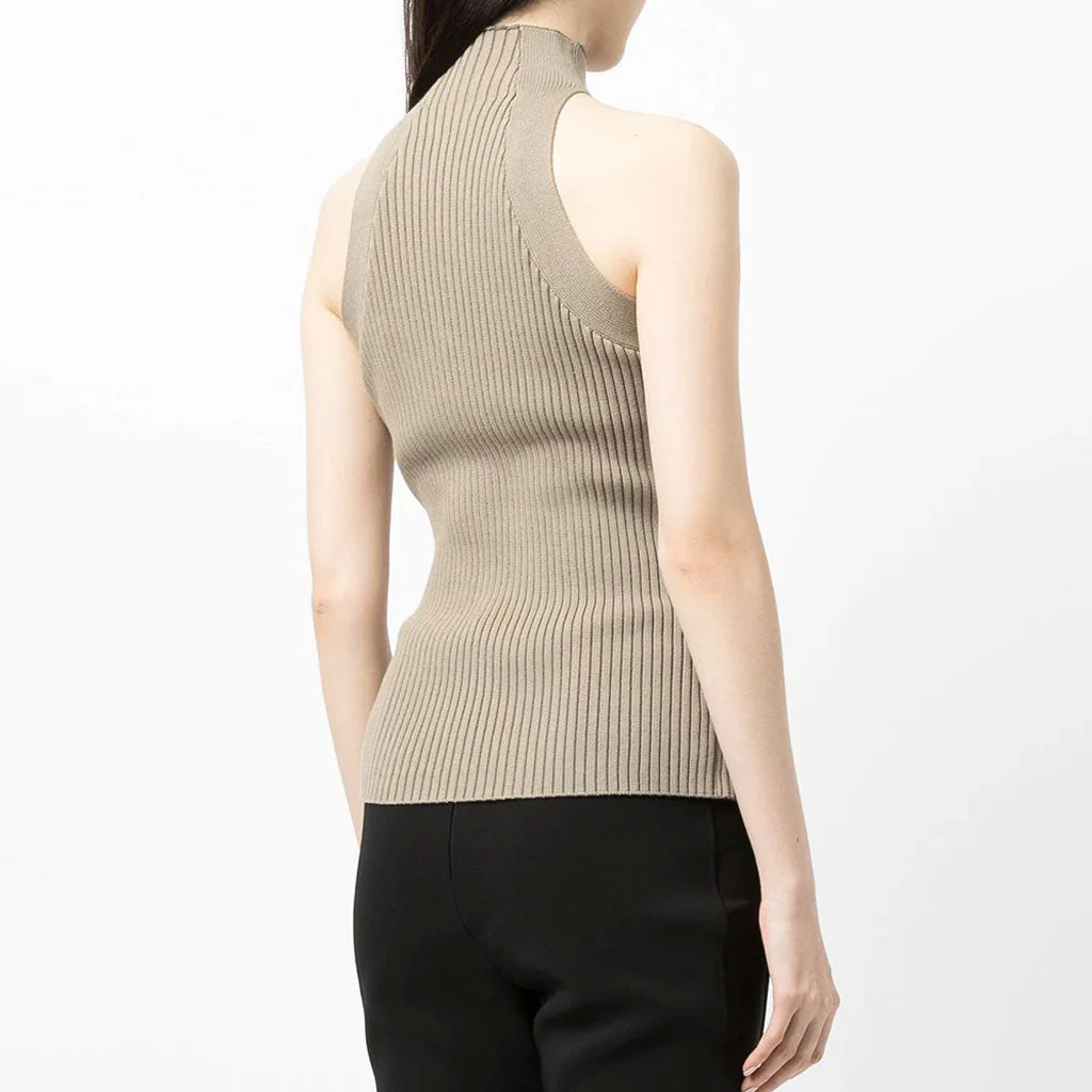 Edgy Twisted CutOut Front High Neck Racer Back Ribbed Knit Tank Top - Khaki - Image 3