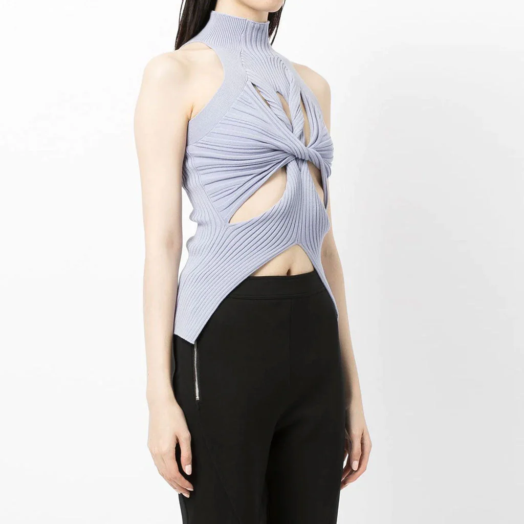 Edgy Twisted CutOut Front High Neck Racer Back Ribbed Knit Tank Top - Purple