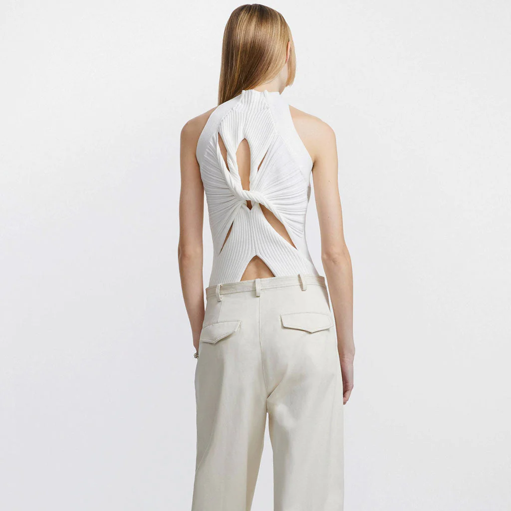 Edgy Twisted CutOut Front High Neck Racer Back Ribbed Knit Tank Top - White - Image 4