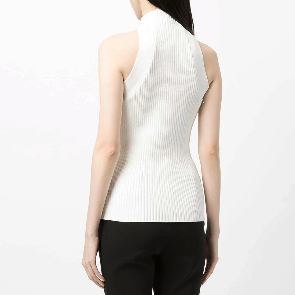Edgy Twisted CutOut Front High Neck Racer Back Ribbed Knit Tank Top - White - Image 5