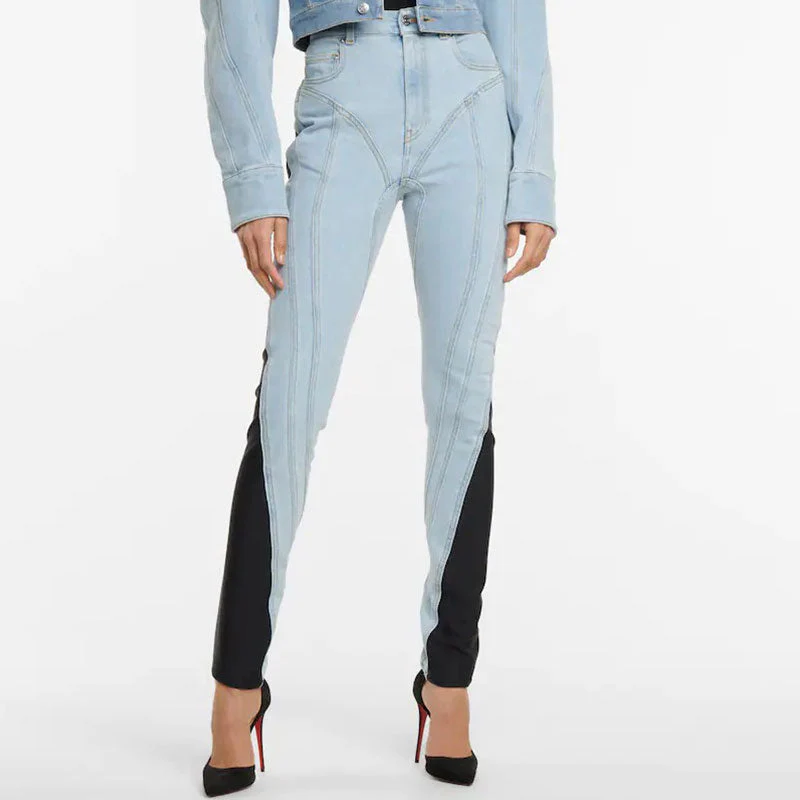 Edgy Two Tone Twisted Seam High Waist Skinny Spliced Jeans - Image 5