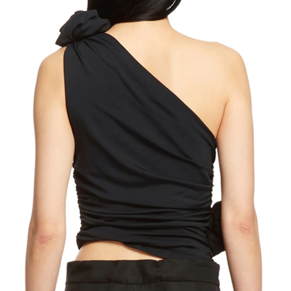 Elegant 3D Floral Rosette Detail One Shoulder Ruched Sleeveless Top - Image 4