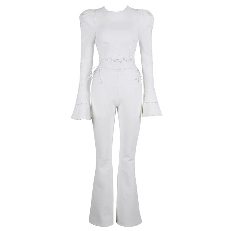 Elegant Crochet Trimmed Lace Up Bell Sleeve Crop Bandage Top Matching Set - White - Image 5