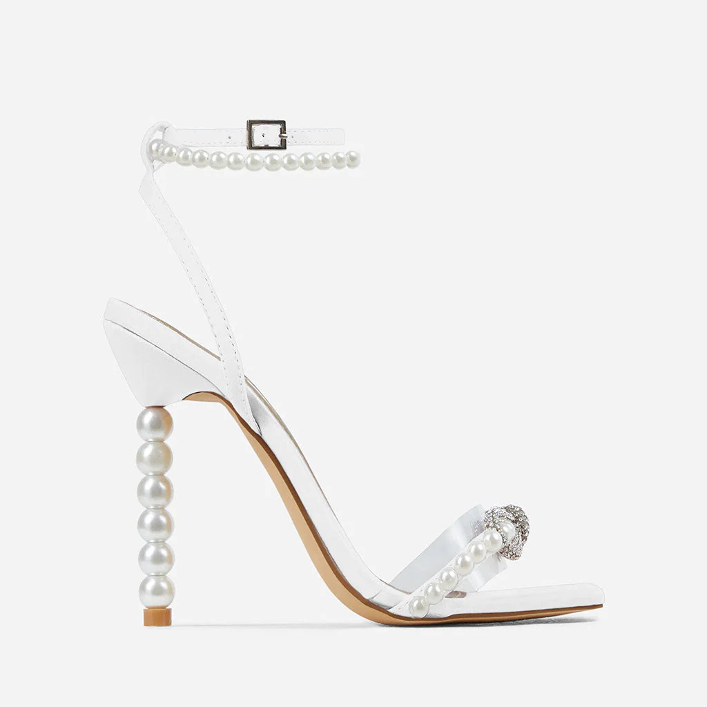 Elegant Crystal Bow PVC Square Toe Ankle Strap Pearl Heel Sandals - White - Image 4