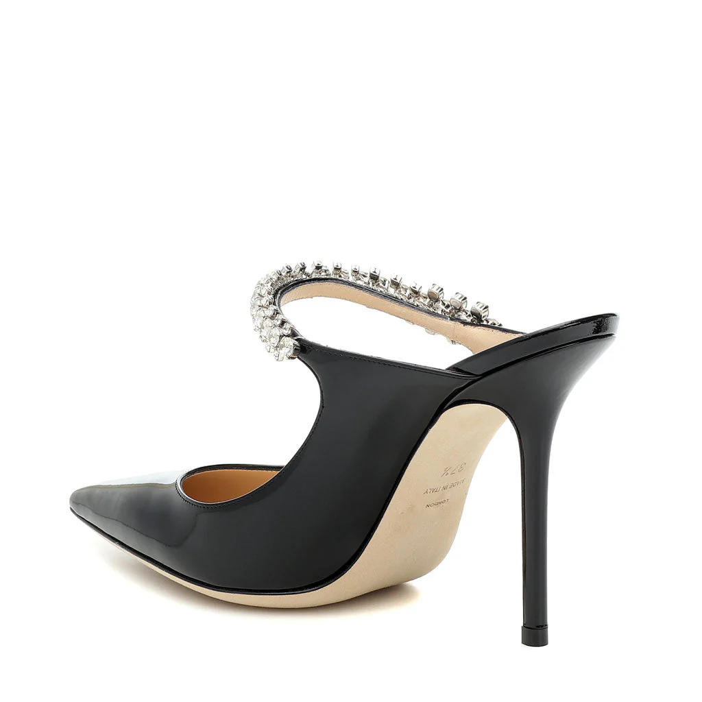 Elegant Crystal Detail Patent Leather Pointed Toe Stiletto Mules - Black - Image 7