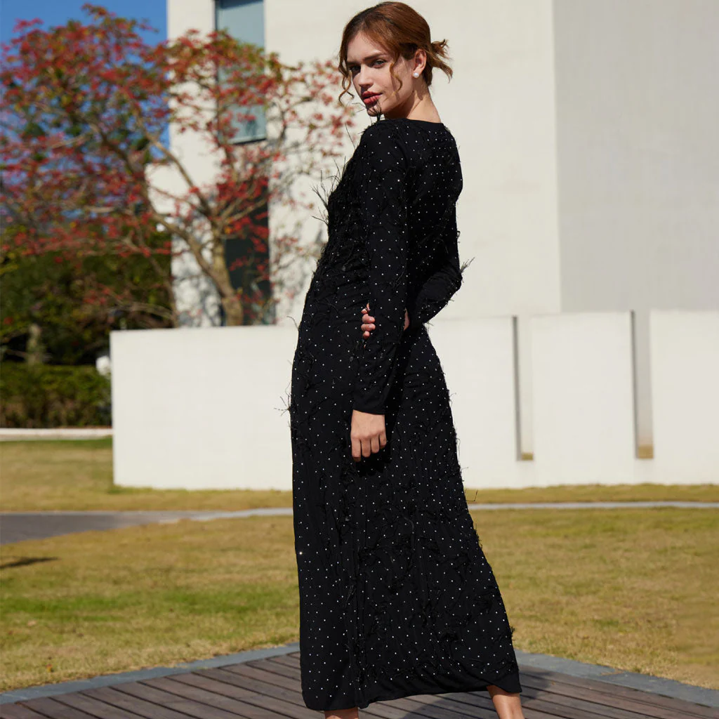 Elegant Faux Feather Rhinestone Mesh Long Sleeve High Split Evening Maxi Dress - Image 3