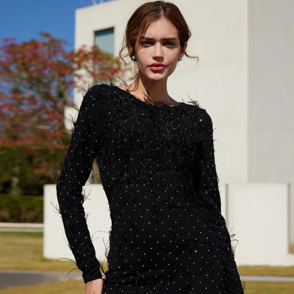 Elegant Faux Feather Rhinestone Mesh Long Sleeve High Split Evening Maxi Dress - Image 5