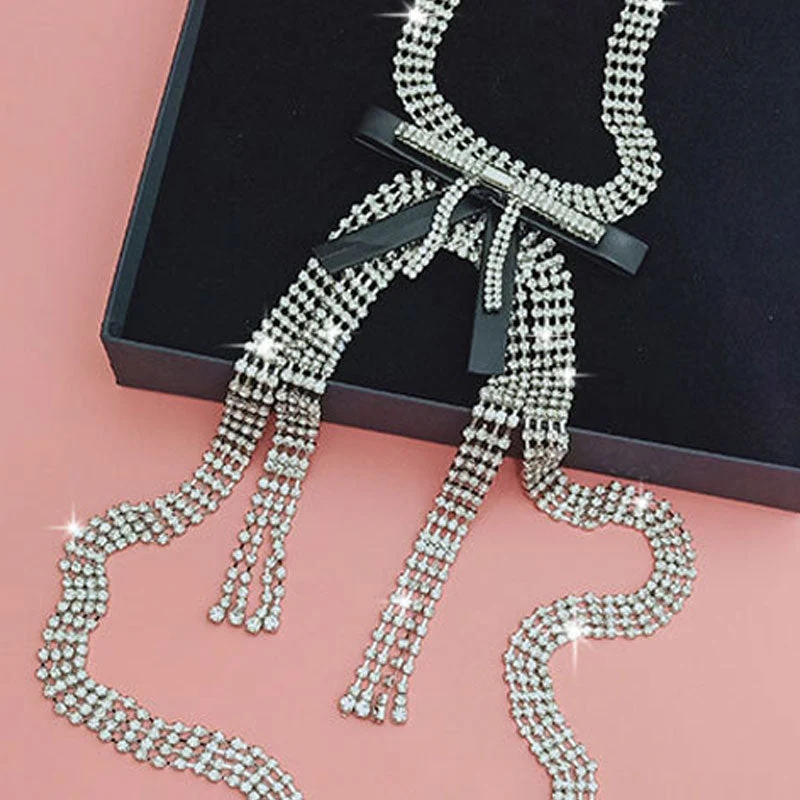 Elegant Faux Leather Trim Crystal Bow Tassel Choker NeckLace - Silver - Image 2
