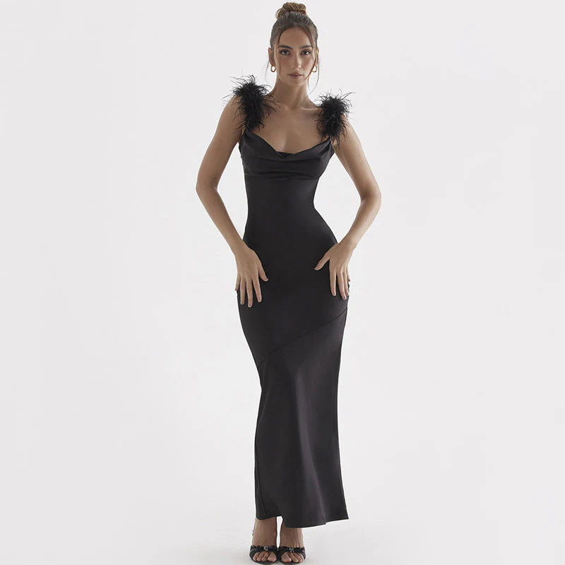 Elegant Feather Trim Draped Cowl Neck Satin Maxi Evening Dress - Black - Image 3