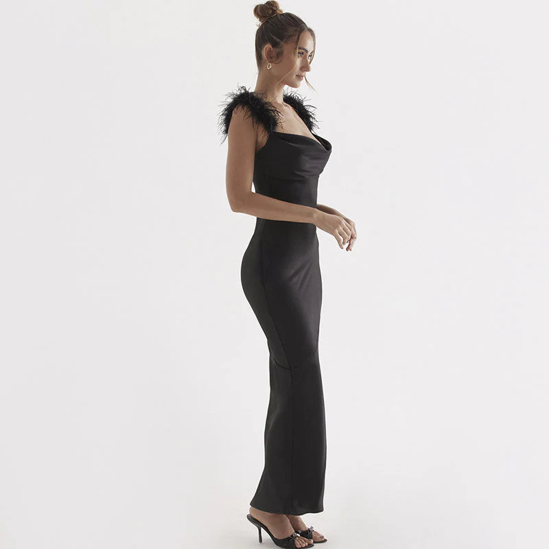 Elegant Feather Trim Draped Cowl Neck Satin Maxi Evening Dress - Black - Image 4