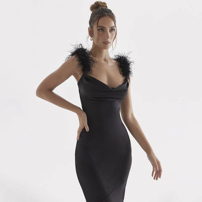 Elegant Feather Trim Draped Cowl Neck Satin Maxi Evening Dress - Black - Image 6