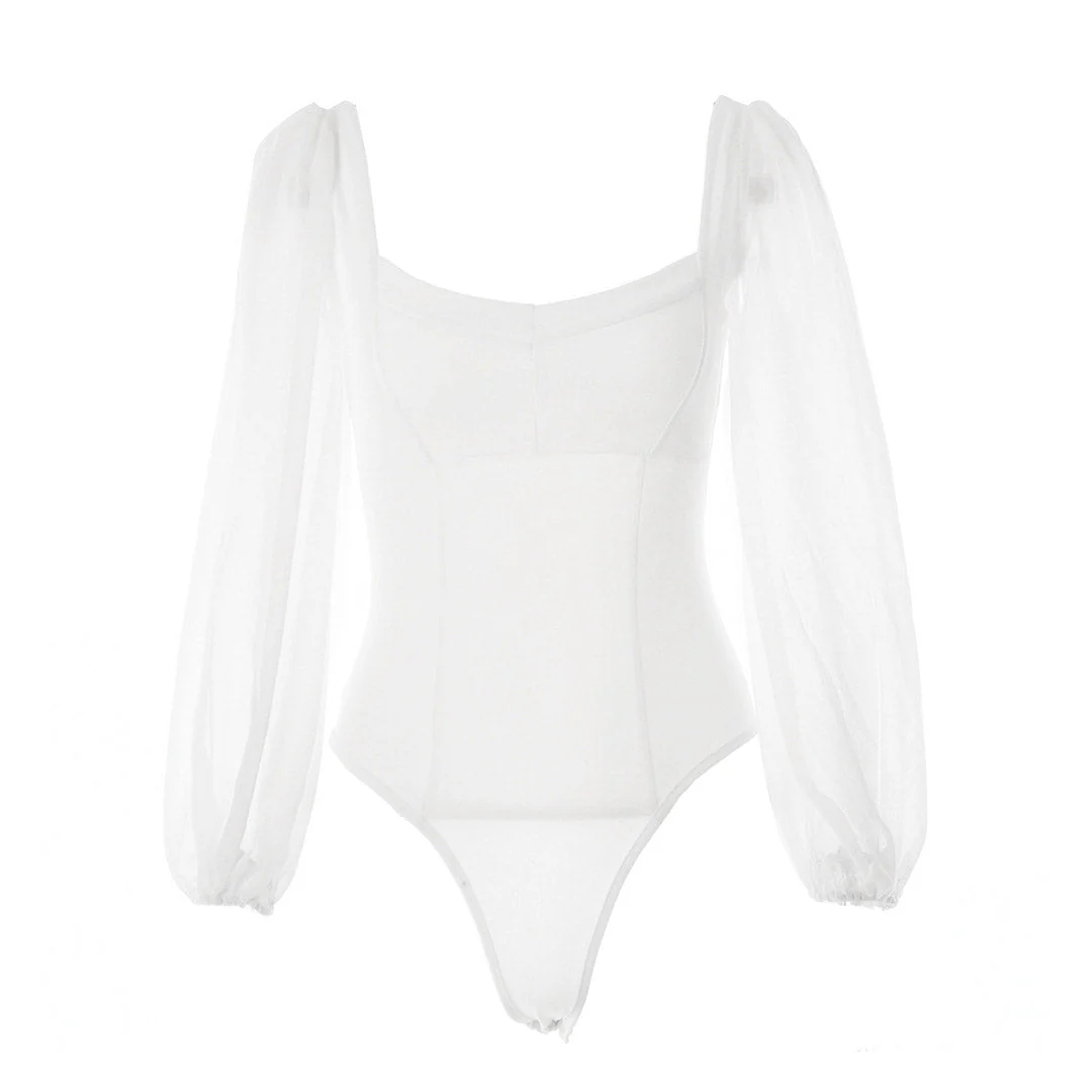 Elegant High Cut Mesh Puff Sleeves Sweetheart Bodysuit - White - Image 2