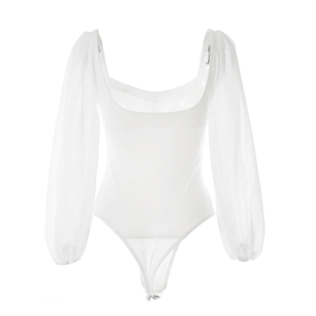Elegant High Cut Mesh Puff Sleeves Sweetheart Bodysuit - White - Image 3