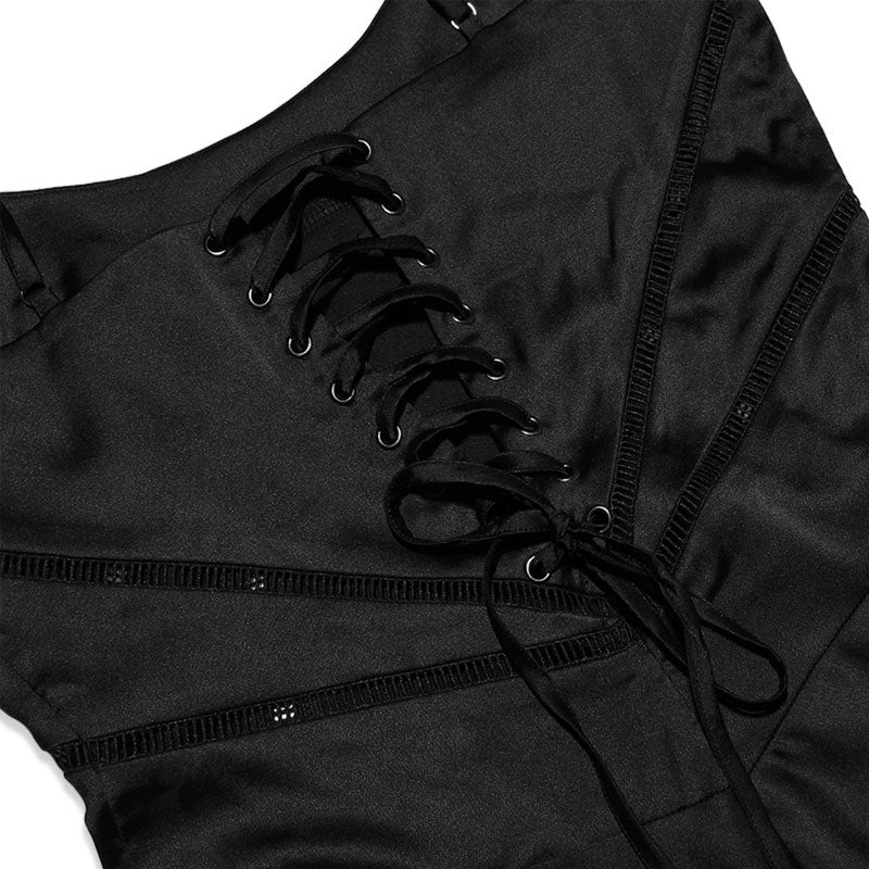 Elegant Lace Up Spaghetti Strap Fit and Flare Satin Maxi Evening Dress - Image 5