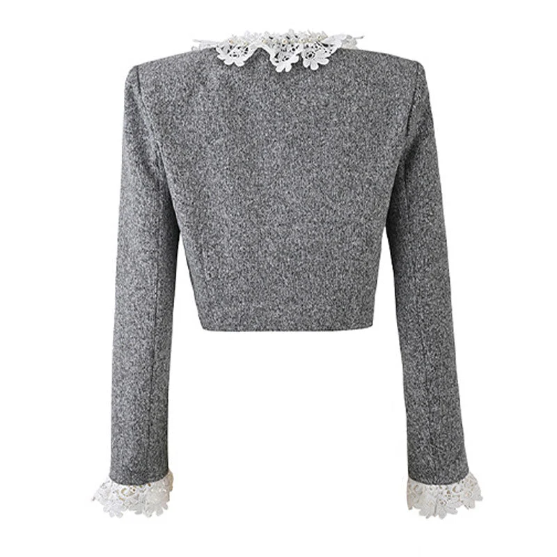Elegant Lacey Crew Neck Beaded Button Front Long Sleeve Crop Wool Blend Jacket - Image 2