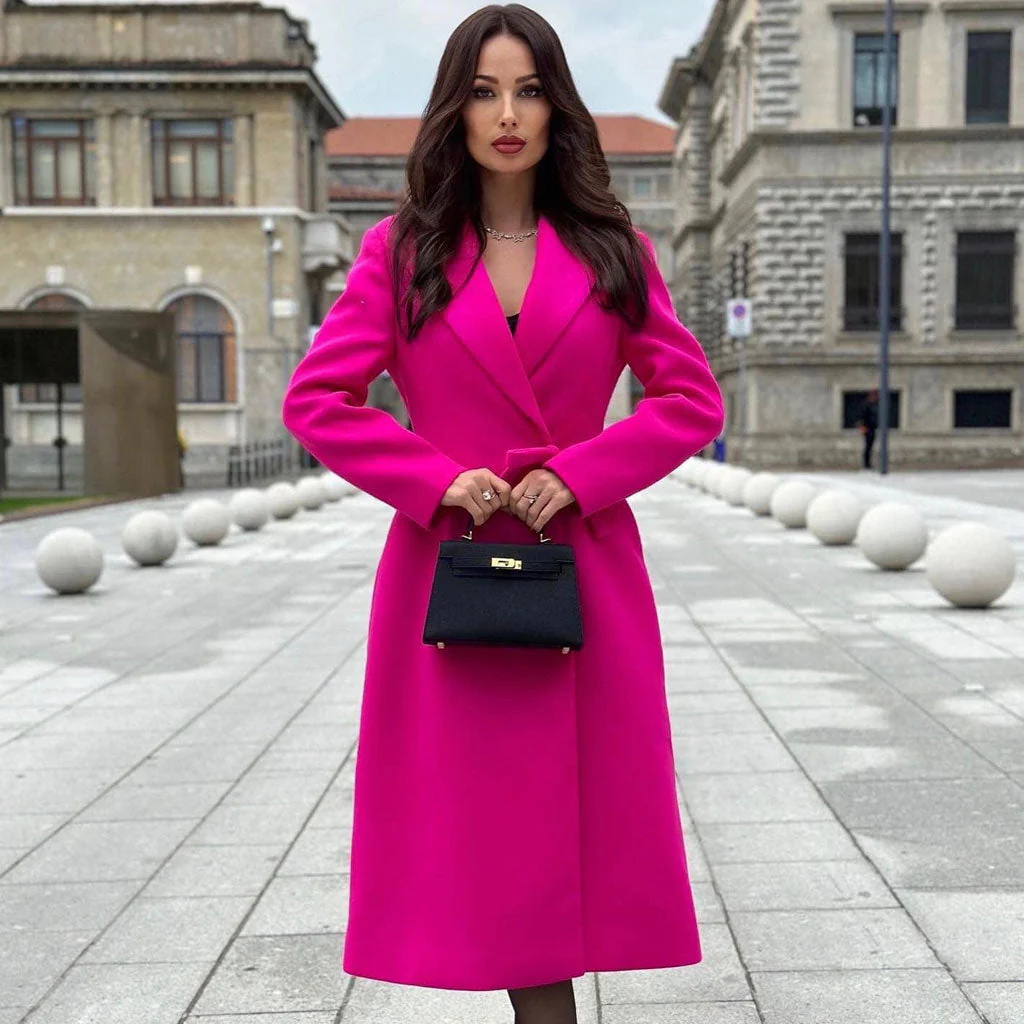Elegant Notched Lapel Bow Waist Padded Long Sleeve Wool Blend Wrap Coat - Image 3